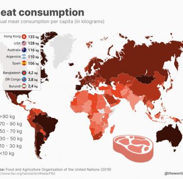 Roczne spożycie mięsa w poszczególnych państwach świata (w kg), 2019