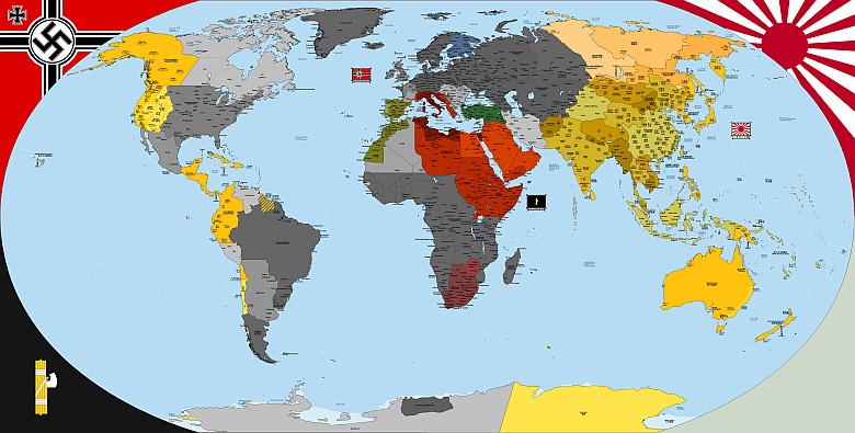 Mapa świata z książki Człowiek w Wysokim Zamku, w której Niemcy wygrywają II wojnę
