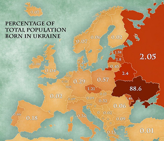 Odsetek osób urodzonych na Ukrainie w krajach europejskich