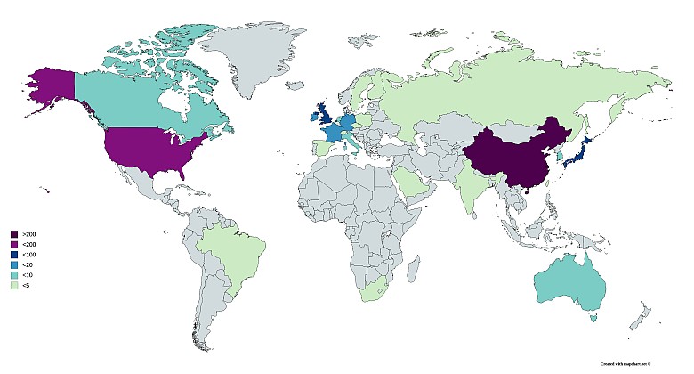 Liczba superkomputerów w TOP500 z podziałem na kraje (stan na listopad 2018 r.)
