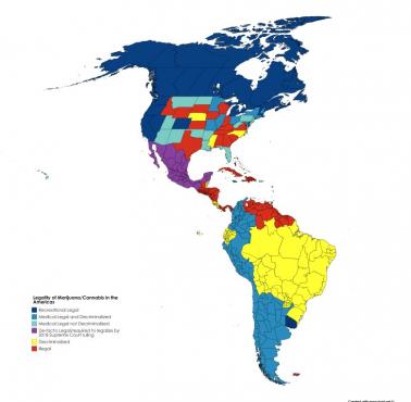 Legalność marihuany w obu Amerykach, luty 2019