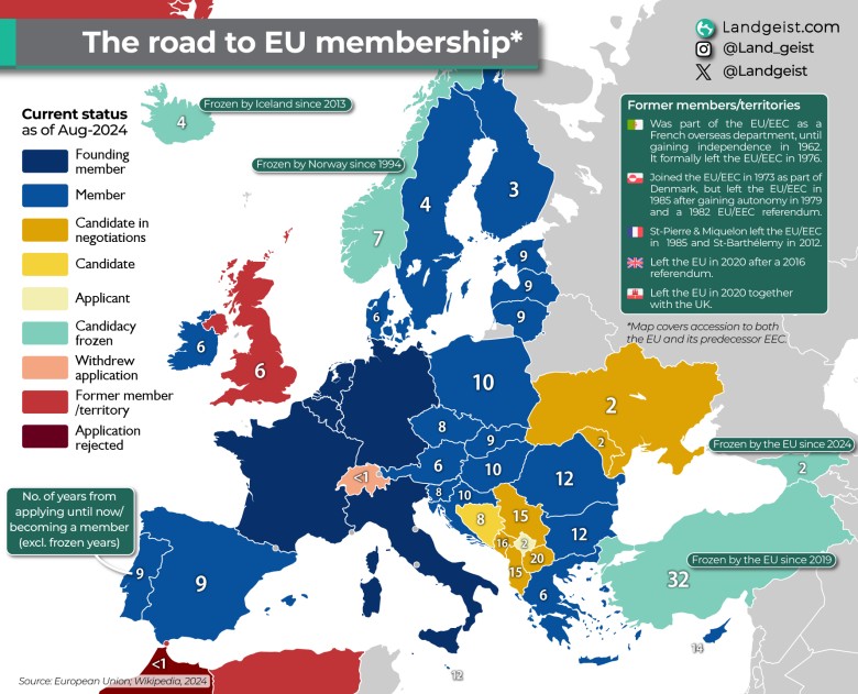 Państwa członkowskie oraz kandydaci do bloku niemiecko-francuskiego Unii Europejskiej, 2024