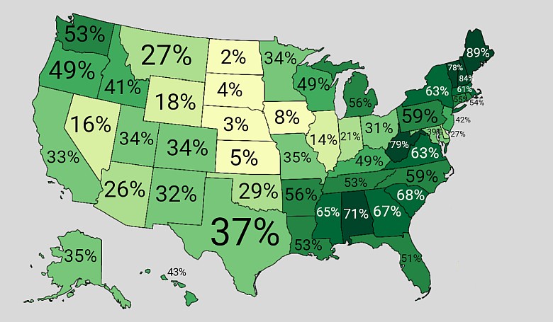 Procent pokrycia lasów w każdym stanie USA