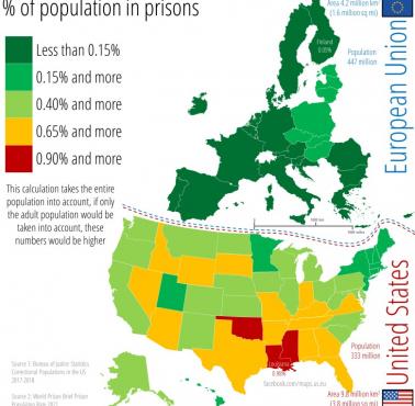 Współczynnik osadzonych w więzieniach dorosłych mieszkańców w poszczególnych stanach USA i krajach Unii