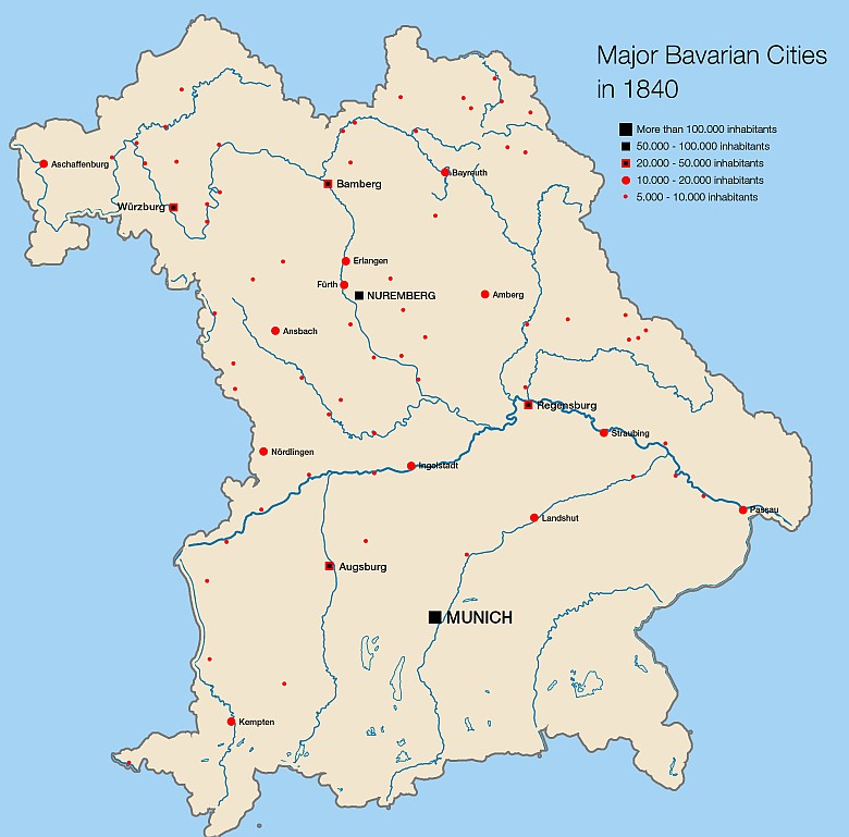 Główne bawarskie miasta w 1840 roku