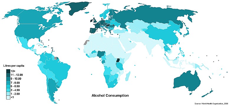Konsumpcja alkoholu na mieszkańca w poszczególnych państwach świata, 2008