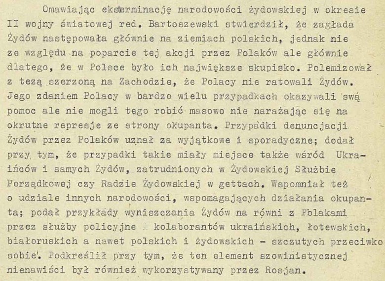 Fragment notatki SB referującej wykład W. Bartoszewskiego Polacy i Żydzi podczas II wojny światowej (Wrocław, 11 IV 1980 r.)