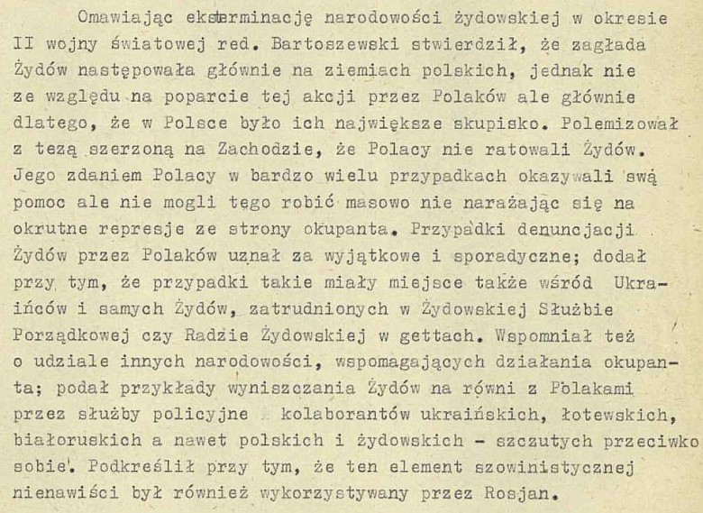 Fragment notatki SB referującej wykład W. Bartoszewskiego 