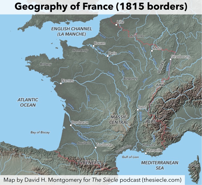 Reliefowa mapa Francji z granicami z 1815 roku