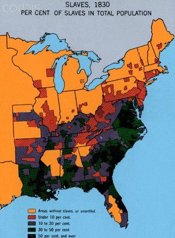 Niewolnicy jako procent całkowitej populacji w 1830 roku, USA