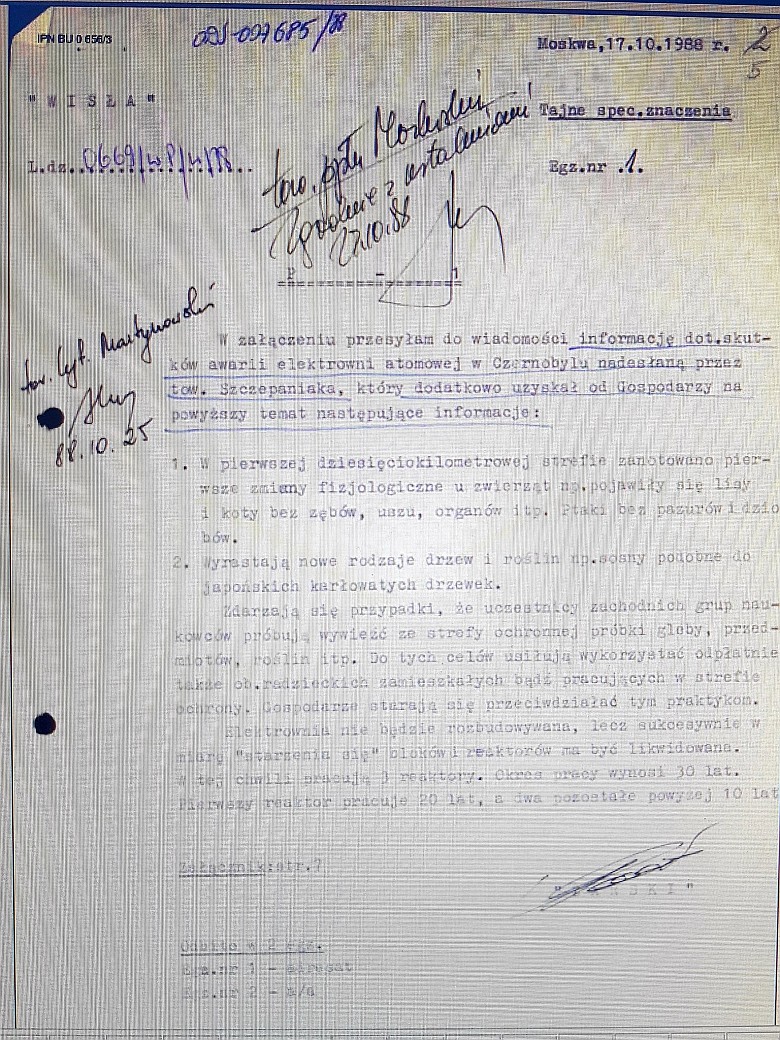 2 lata po eksplozji reaktora jądrowego w Czernobylu Grupa Operacyjna Wisła w Moskwie meldowała kierownictwo SB ...