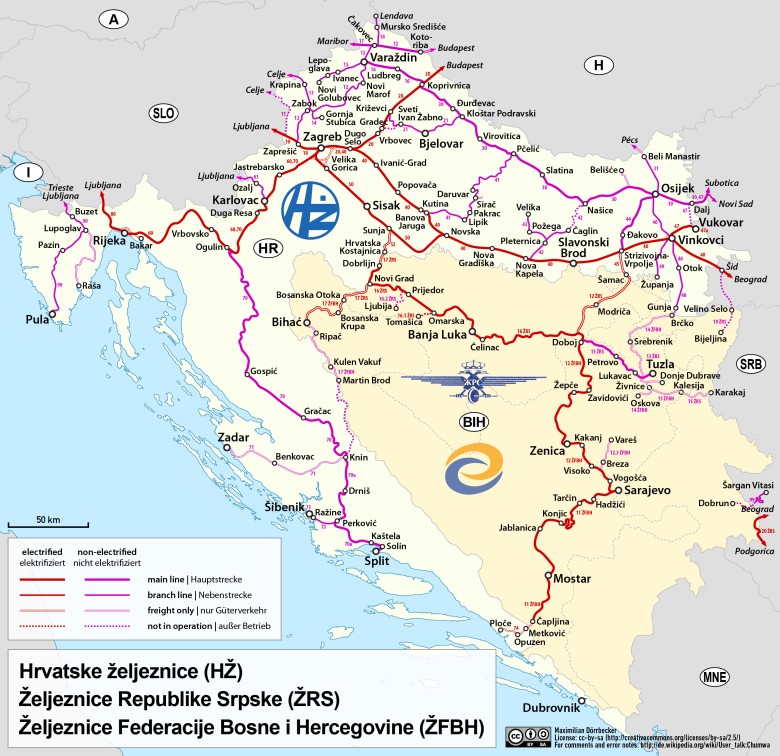 Mapa kolejowa Chorwacji i Bośni i Hercegowiny