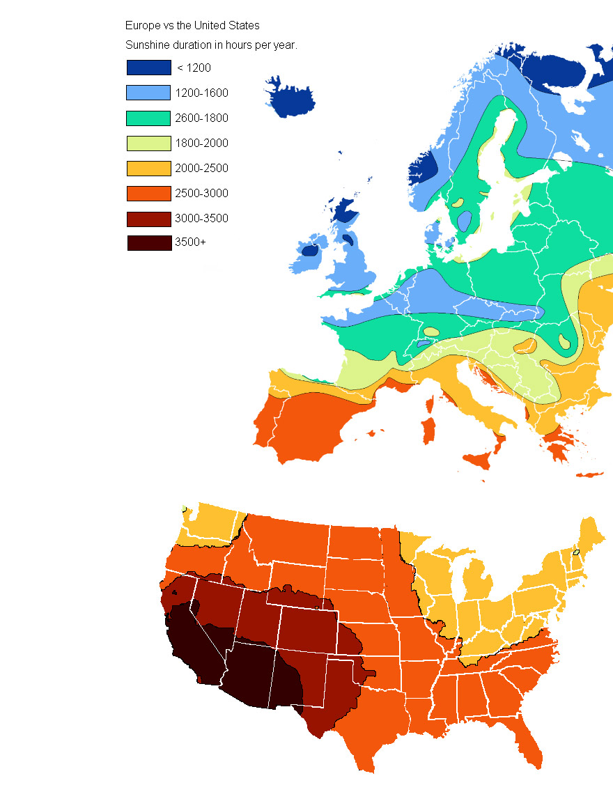 Czas trwania nasłonecznienia (w godzinach w skali roku) w Europie i w kontynentalnych USA