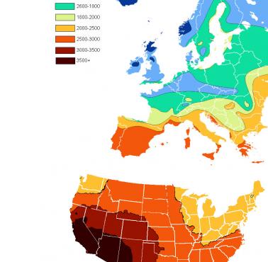 Czas trwania nasłonecznienia (w godzinach w skali roku) w Europie i w kontynentalnych USA