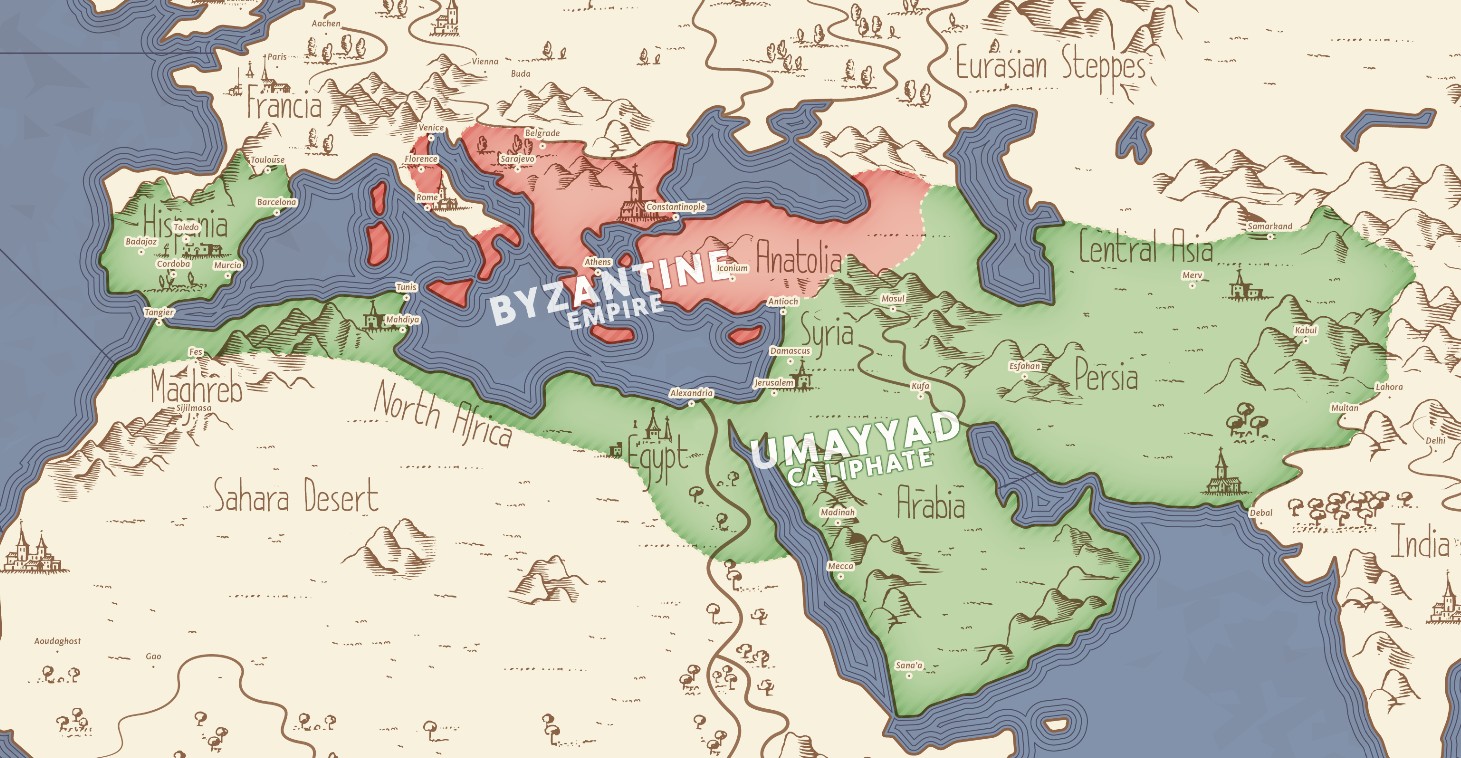 Kalifat Umajjadów w szczytowym okresie (obok Cesarstwa Bizantyjskiego) w 744 roku