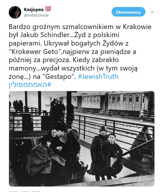 Bardzo groźnym szmalcownikiem w Krakowie był Jakub Schindler, Żyd z polskimi papierami. Ukrywał bogatych Żydów z ...