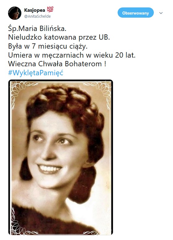 Śp.Maria Bilińska. Nieludzko katowana przez UB. Była w 7 miesiącu ciąży. Umiera w męczarniach w wieku 20 lat