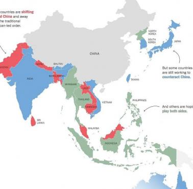 Kraje i ich zmieniające się relacje z USA i Chinami. Niebieski oznacza bliżej USA, czerwony oznacza bliżej Chin, a zielony ...
