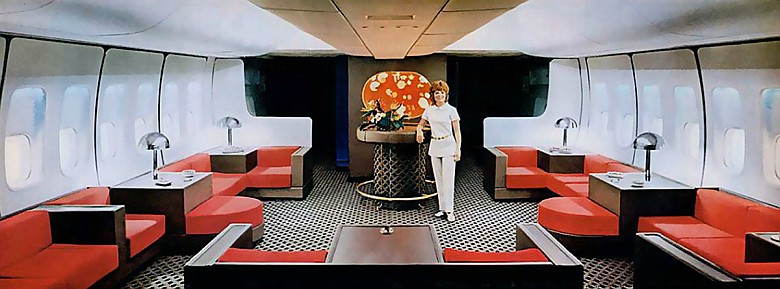 Salon w I klasie w liniach American Airlines, samolot Boeing 747, 1971