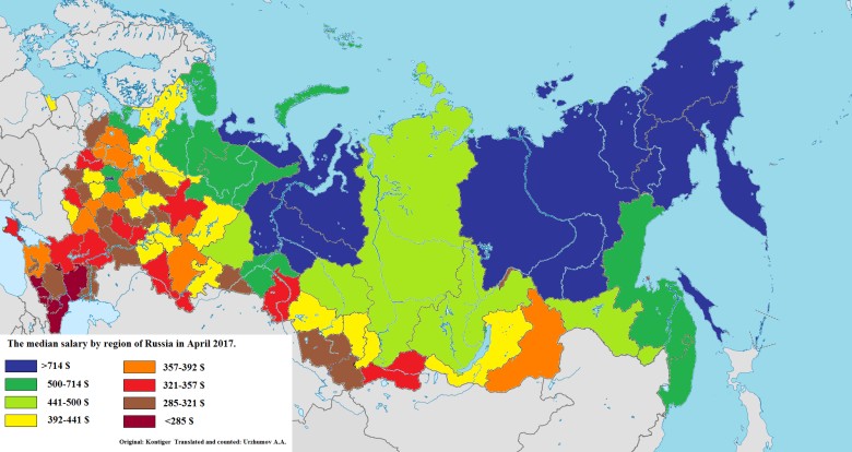 Mediana wynagrodzenia według regionu Rosji w kwietniu 2017 r.
