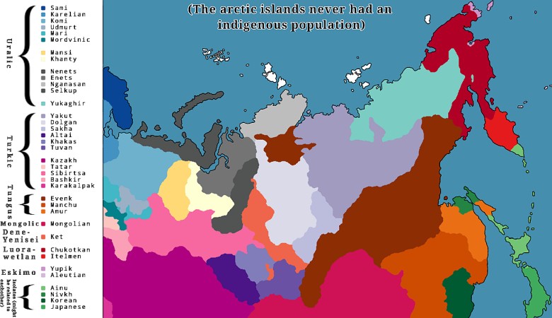 Językowa mapa Syberii przed ekspansją rosyjską, około 1500