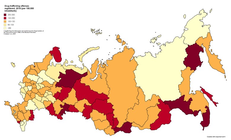 Przestępstwa związane z handlem narkotykami zarejestrowane w Rosji, 2018 (na 100 000 mieszkańców)