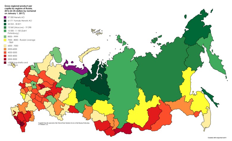 PKB na 1 mieszkańca według regionów Rosji, 2016