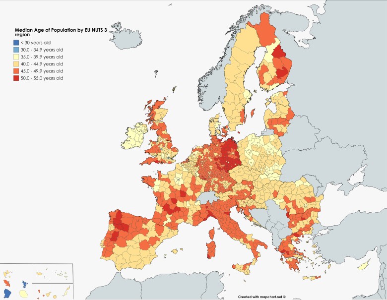 Mediana wieku ludności według regionu UE NUTS 3