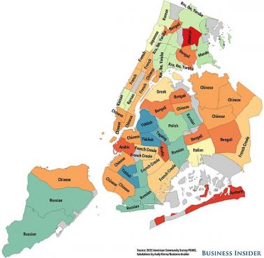 Najpopularniejsze języki (po angielskim) w Nowym Jorku z podziałem na dzielnice, 2012
