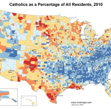 Odsetek katolików w stanach USA, 2010