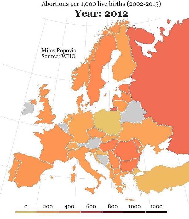 Aborcje na 1000 żywych urodzeń, Europa, 2002-2015 (animacja)