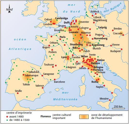 Miasta, w których znajdowały się najstarsze drukarnie w Europie (czerwone, przed 1480 - zielone, między 1480 a 1500)