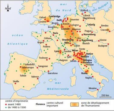 Miasta, w których znajdowały się najstarsze drukarnie w Europie (czerwone, przed 1480 - zielone, między 1480 a 1500)