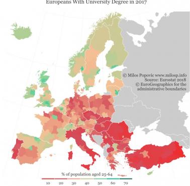 Europejczycy z wyższym wykształceniem według regionu i kraju, 2017