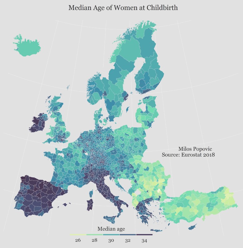 Mediana wieku kobiet podczas porodu w Europie, 2018