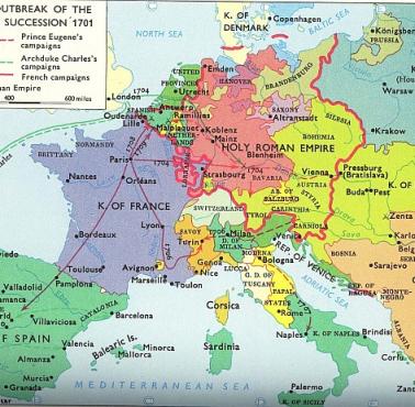 Europa w chwili wybuchu wojny o sukcesję hiszpańską 1701 i następujące po niej kampanie wojskowe