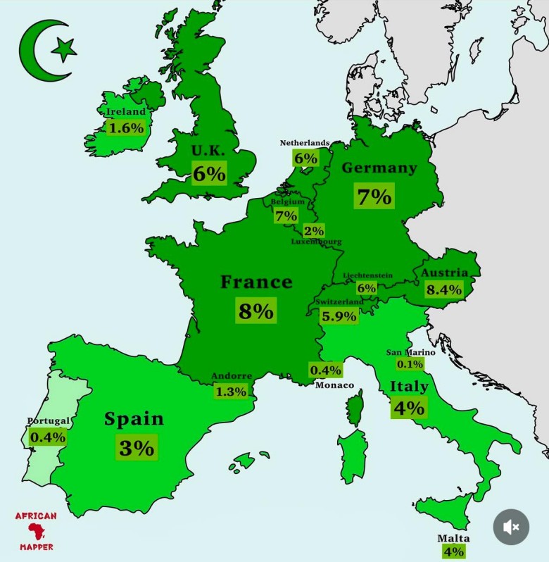 Odsetek muzułmanów według krajów w Europie, prawdopodobnie 2024