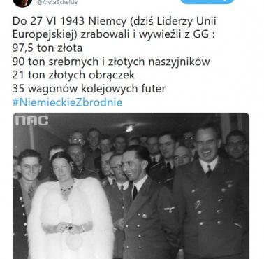 Do 27 VI 1943 Niemcy zrabowali i wywieźli z GG : 97,5 ton złota 90 ton srebrnych i ...