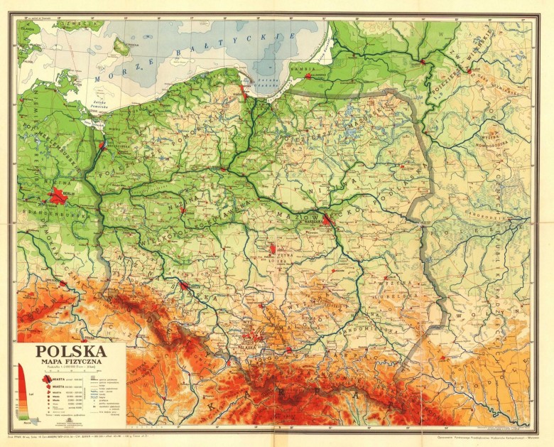 Mapa fizyczna Polski z 1957 roku