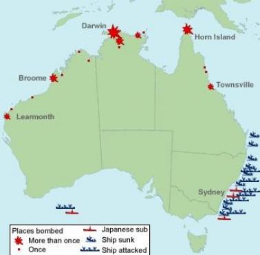 Lokalizacje wszystkich ataków na Australię podczas II wojny