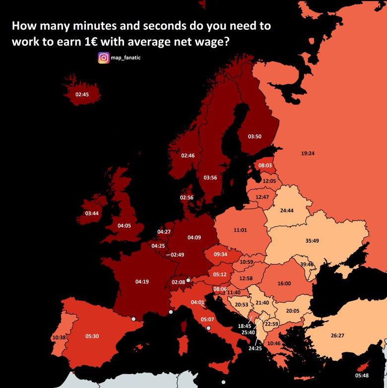 Czas potrzebny na zarobienie 1 euro przy średnim wynagrodzeniu netto