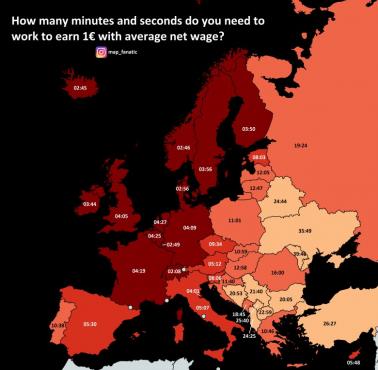 Czas potrzebny na zarobienie 1 euro przy średnim wynagrodzeniu netto