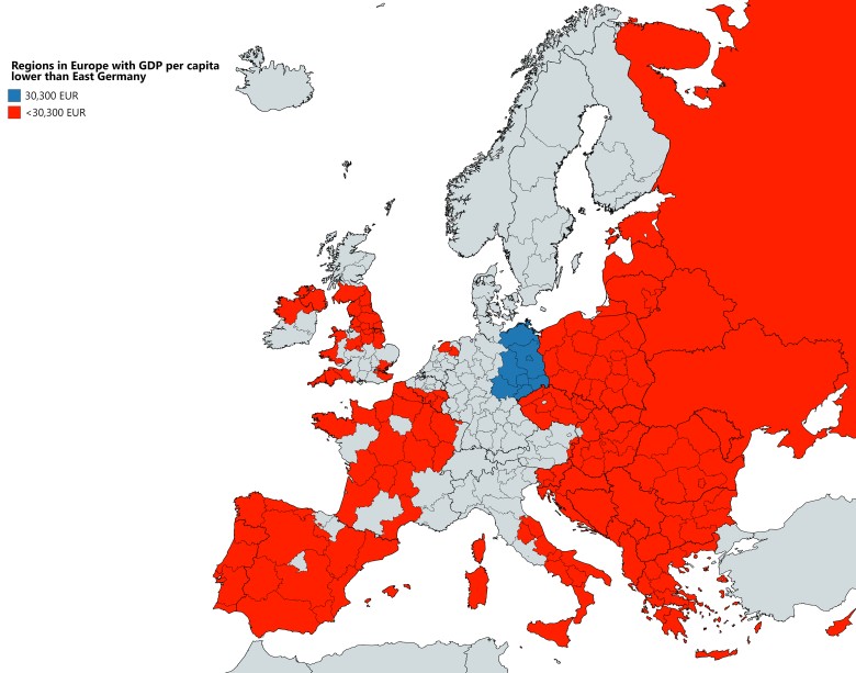 Regiony w Europie o PKB na mieszkańca niższym niż w Niemczech Wschodnich