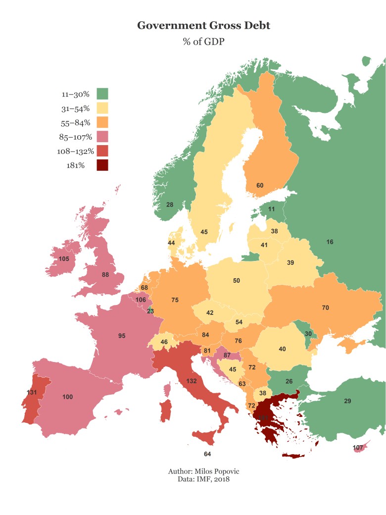 Dług publiczny jako procent PKB w Europie, 2018