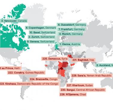 Top 10 najlepszych do życia miast, 10 najgorszych w kolorze czerwonym