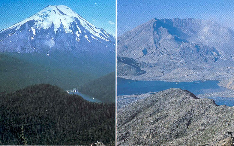 Wulkan Mount St. Helens przed i erupcji w 1980 roku