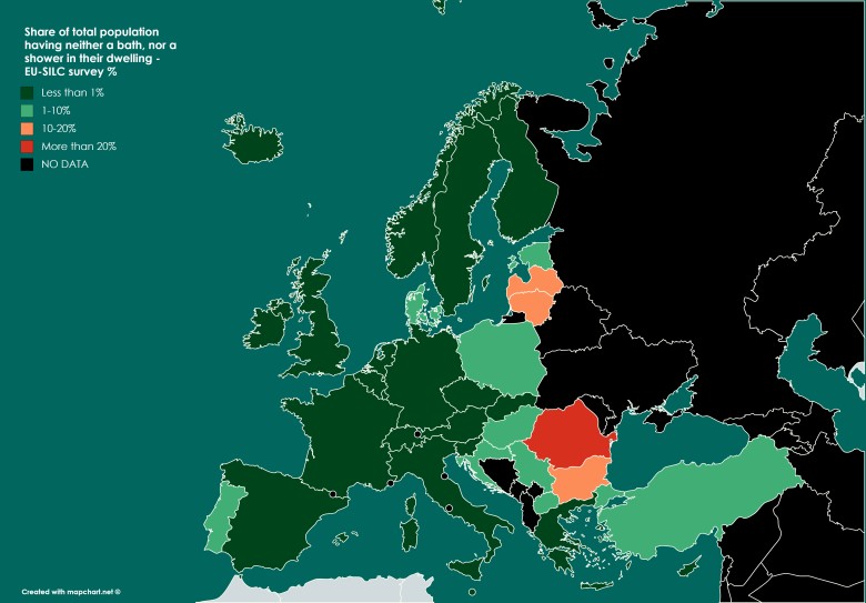 Udział ogółu ludności nie mającej wanny ani prysznica w mieszkaniu w Europie