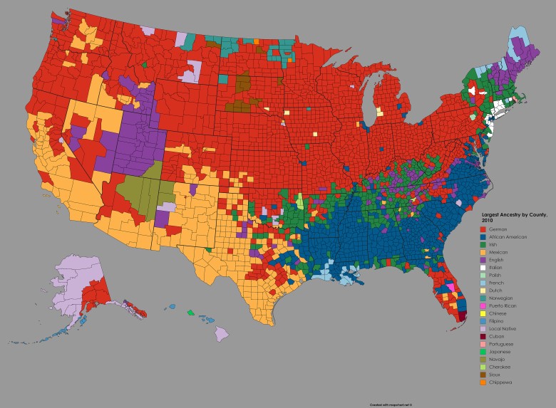 Dominujące pochodzenie mieszkańców poszczególnych hrabstw w USA, 2010