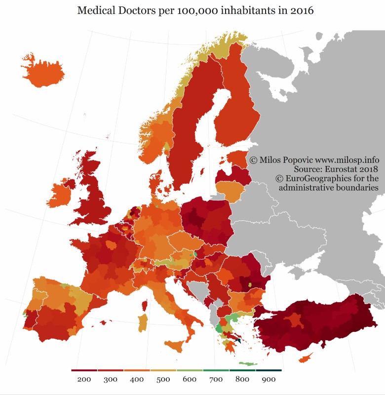 Lekarze na 100 tys. mieszkańców w Europie, 2016