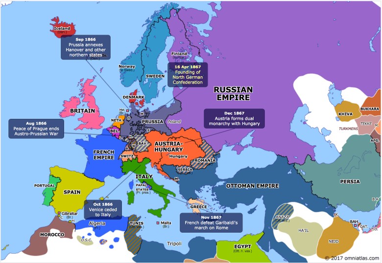 Europa 1866-67 ze znaczącymi wydarzeniami
